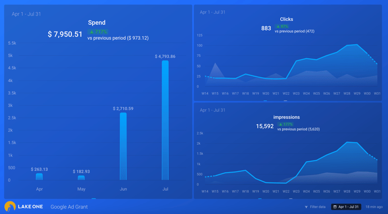 Reporting dashboard of a nonprofit's Google Ads campaign