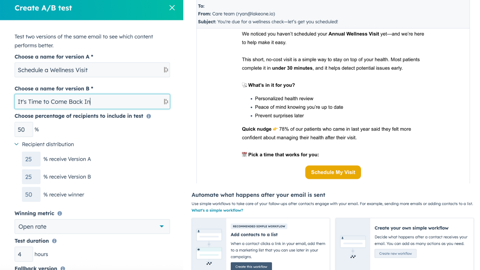 Screenshot of HubSpot's email, A/B testing, and automation tools