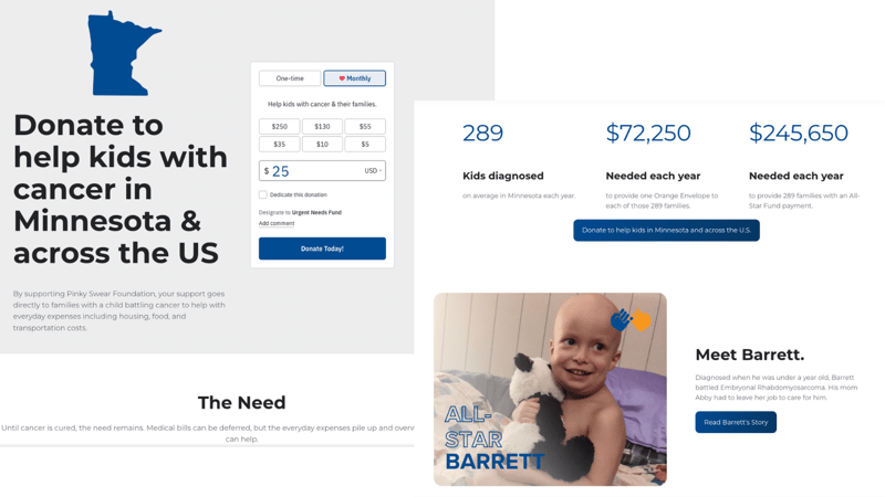 Screenshots of a nonprofit's landing page