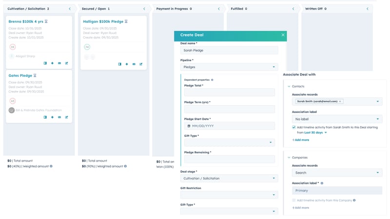 Screenshots of a pledge pipeline and deal creation in HubSpot