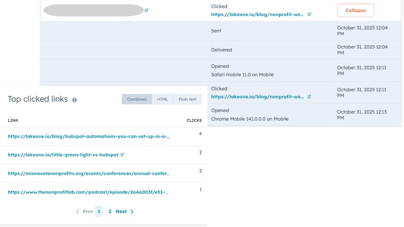 screenshots of linked clicked in an email and an individual's email opens