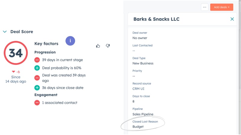 screenshots of a stalled deal and closed lost deal