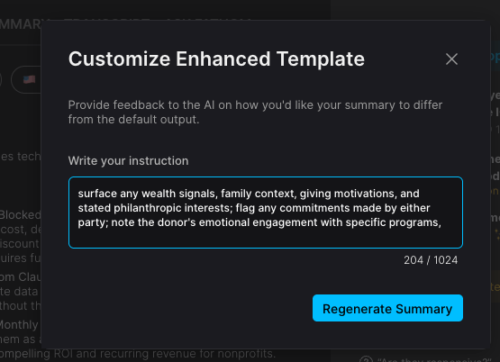 customize note summary for fundraising
